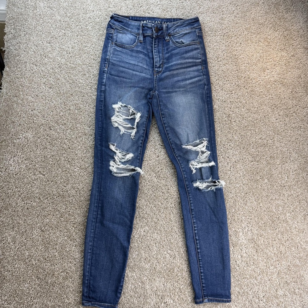 American Eagle Hi-Rise Jegging Jeans Womens 4 Med Wash Blue Distressed Stretch